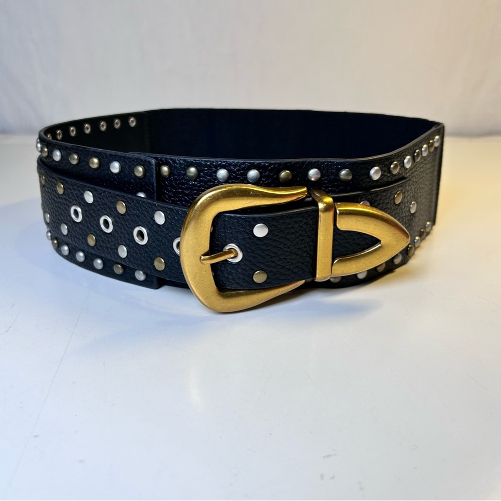 Black Studded Faux Leather Stretchy Belt Gold Buckle/End Tip. Punk Rock Western